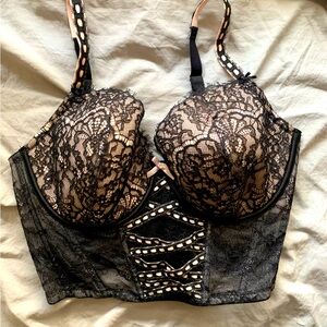 Victoria Secret Dream Angels Black/Pink Lined Demi Longline Bra Lace Corset Top